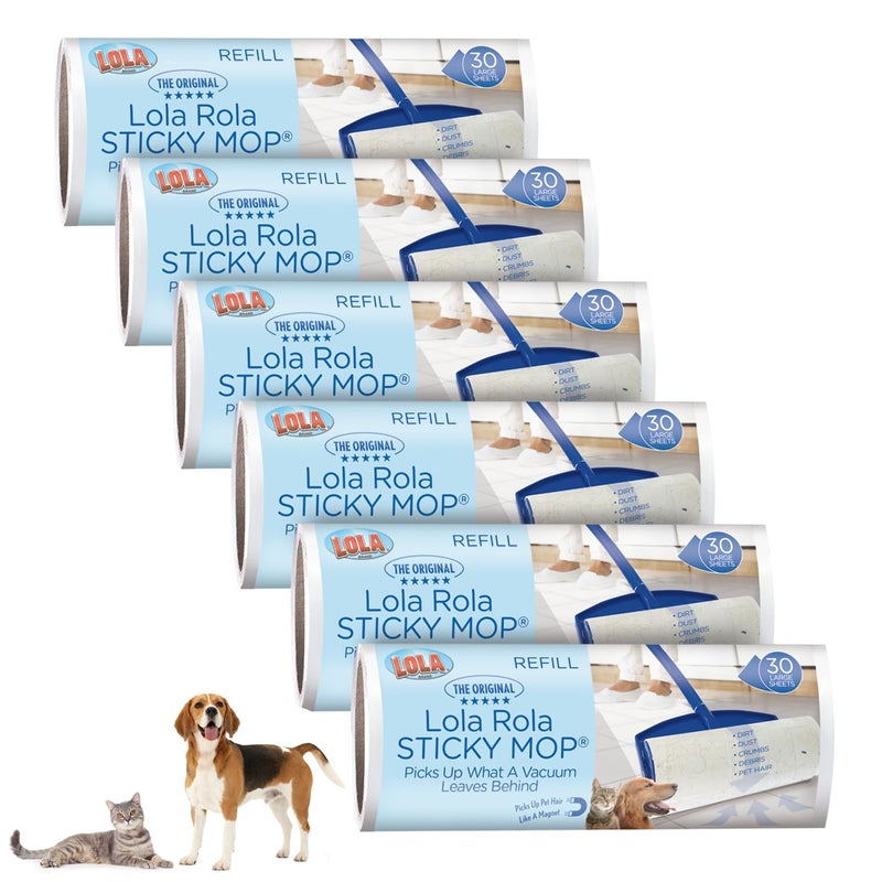 LOLA Rola Sticky Mop Refills, Giant Adhesive Roller, 180 Sheets, Traps Dirt, Dust & Hair, Pet Hair Remover, Floor & Carpet Cleaner, 6 Pack - Image 1